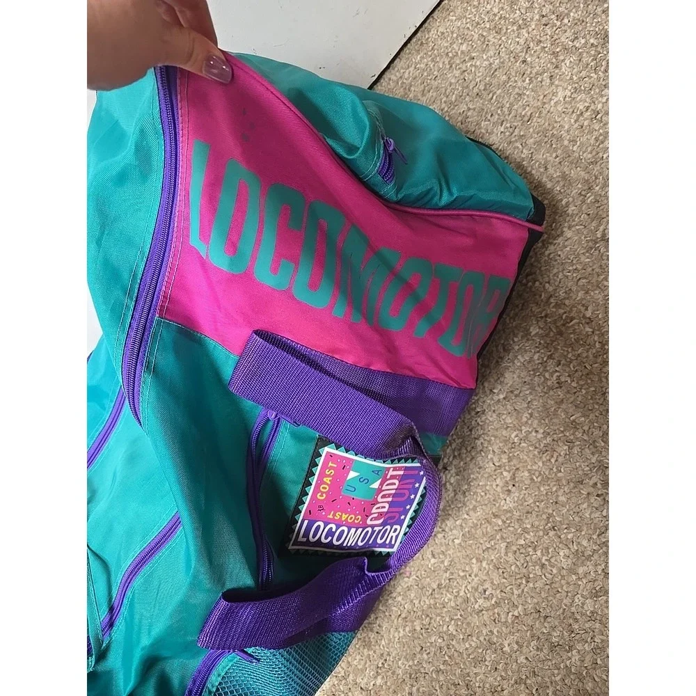 Vintage 90s Locomotor Sport Duffle Bag Teal Pink Purple Retro Gym Travel Luggage